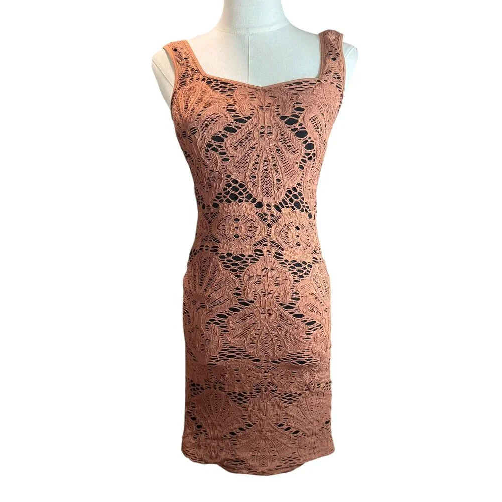 Free People Intimately Crochet Bodycon Dress Medium – Boho Lace Sleeveless Nude